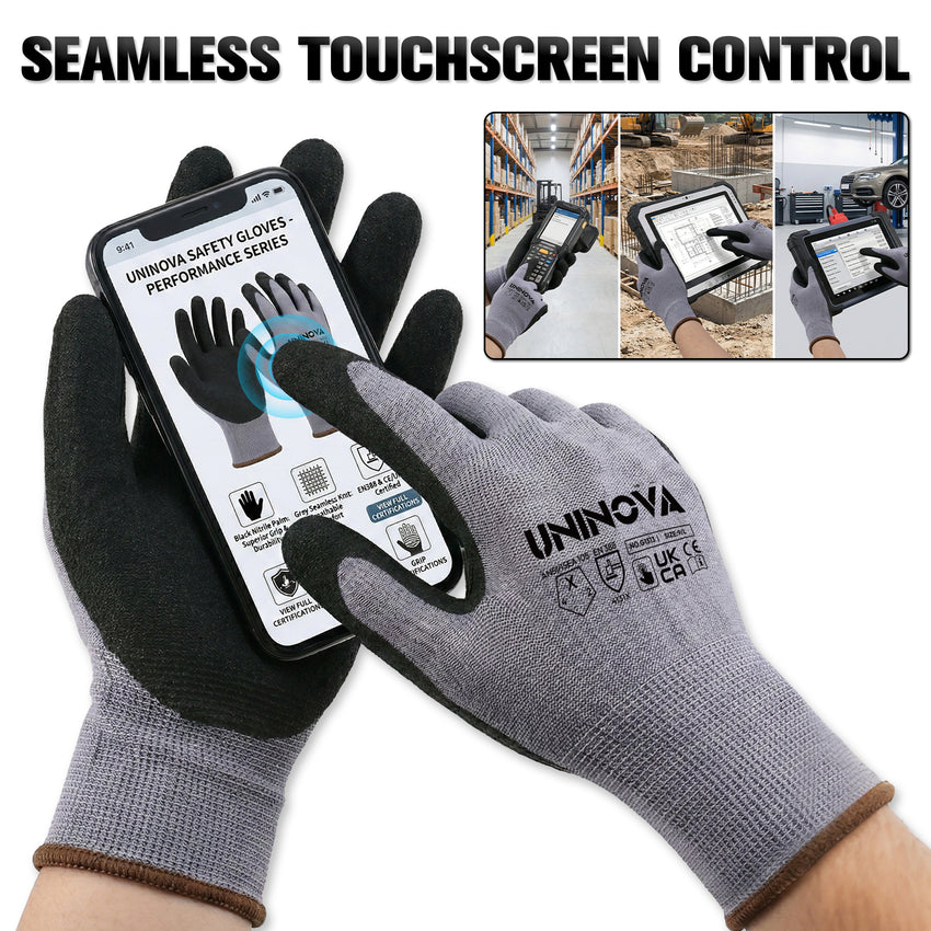 UNINOVA Sandy Nitrile Coated Touchscreen Work Gloves – 13 Gauge Nylon General Purpose Gloves