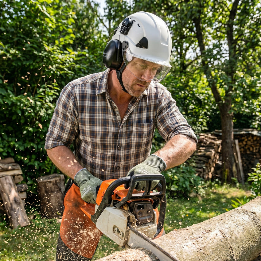 UNINOVA Logging PPE Kit Arborist Safety Gear Set with Vented Hard Hat Earmuffs Clear & Tinted Safety Glasses and A4 Cut Resistant Gloves