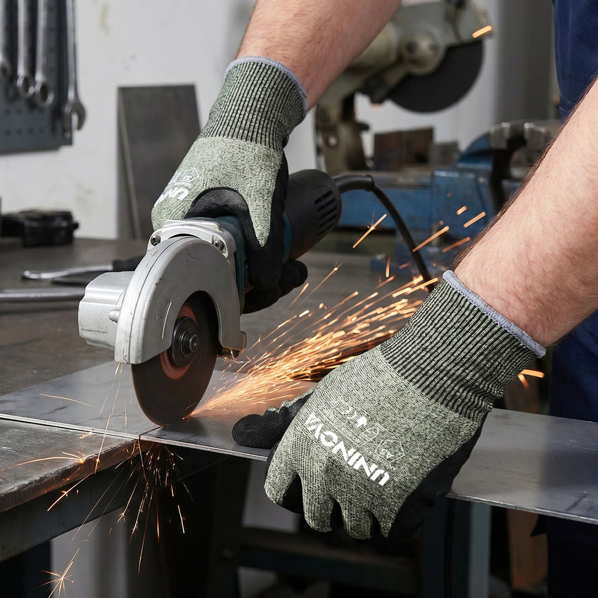 UNINOVA ANSI A5 Cut Resistant Gloves with Sandy Nitrile Grip and Touchscreen Capability