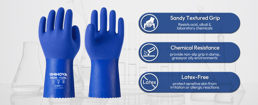 UNINOVA 11-Inch PVC Chemical Resistant Gloves – Sandy Grip, Cotton Lined
