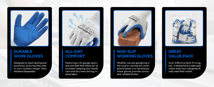 UNINOVA 10-Gauge Crinkle Latex Grip Work Gloves – Multipack