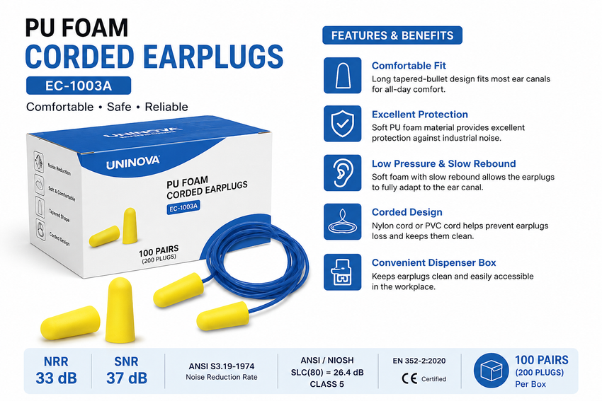PU Foam Disposable Earplugs, 100 Pairs per Box – Industrial Hearing Protection Ear Plugs for Construction, Manufacturing & Workshop Noise