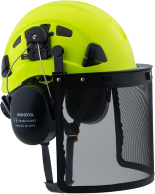 UNINOVA Forestry Chainsaw Arborist Helmet with Mesh Face Shield and Ear Muffs Hearing Protection Logging Trimming Mowing Tree Garden Work OSHA Safety Hard Hat Helmet