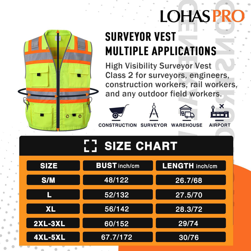 UNINOVA High Visibility Class 2 Safety Vest with Multi Pockets Reflective Mesh Surveyor Vest for Construction Work