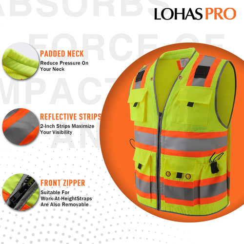 ANSI Class 2 High Visibility Surveyor Safety Vest with 14 Pockets Reflective Work Vest for Construction Utility Engineering