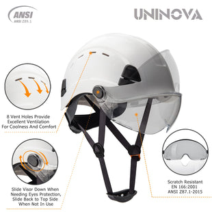 UNINOVA Hard Hats Construction OSHA ANSI Z89.1 Approved Safety Helmet Vented Hard Hat with Visor Adjustable 6 Pt Suspension Safety Hardhats Construction Work