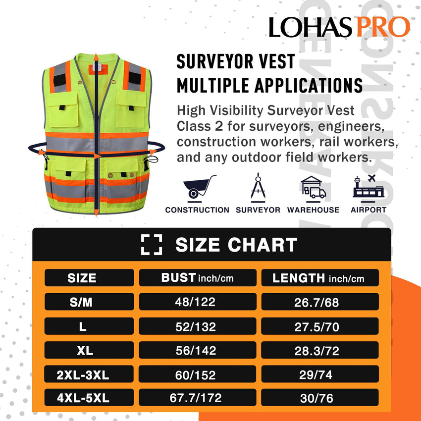 ANSI Class 2 High Visibility Surveyor Safety Vest with 14 Pockets Reflective Work Vest for Construction Utility Engineering