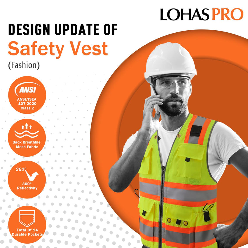 ANSI Class 2 High Visibility Surveyor Safety Vest with 14 Pockets Reflective Work Vest for Construction Utility Engineering