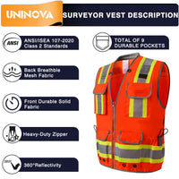 UNINOVA Surveyor Safety Vest Reflective for Men Class 2 Heavy Duty Safety Vests Reflective with Pockets and Zipper