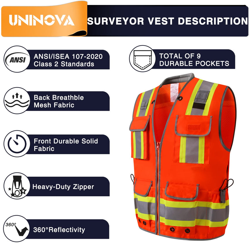 UNINOVA Surveyor Safety Vest Reflective for Men Class 2 Heavy Duty Safety Vests Reflective with Pockets and Zipper